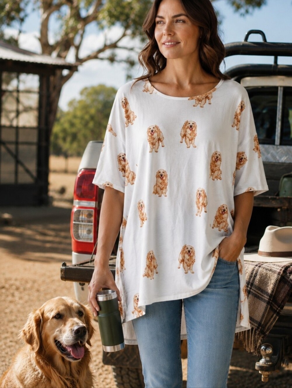LuLaRoe Irma Top Golden Retriever Dog Print NWT Large Hi Low Tunic HTF Rare